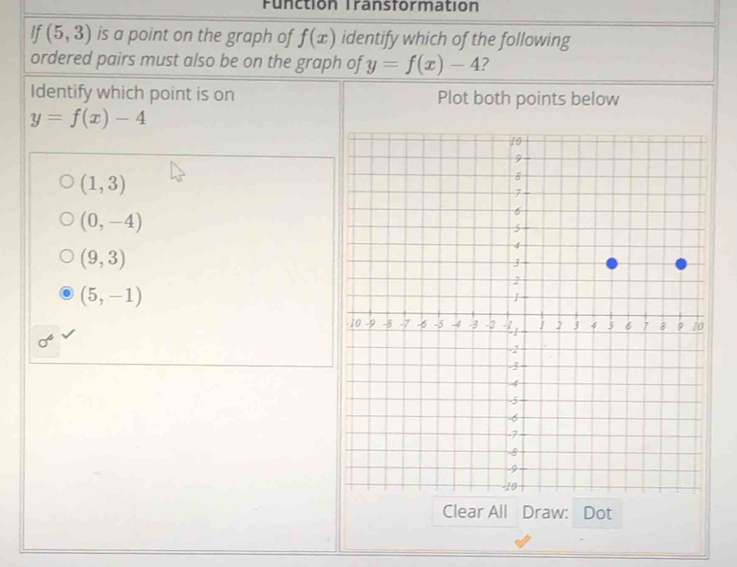 Function Transformation
If(5,3) is a point on the graph of f(x) identify which of the following
ordered pairs must also be on the graph of y=f(x)-4 2
Identify which point is on Plot both points below
y=f(x)-4
(1,3)
(0,-4)
(9,3)
(5,-1)
Clear All Draw: Dot