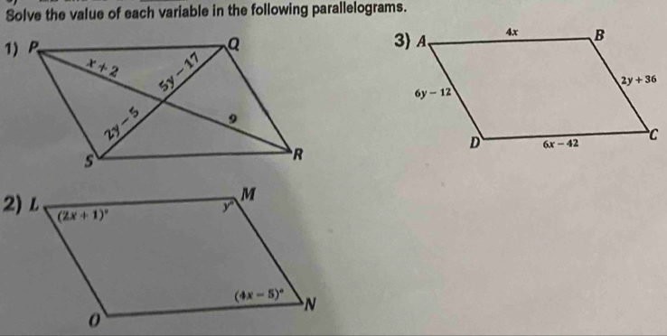 Solve the value of each variable in the following parallelograms.