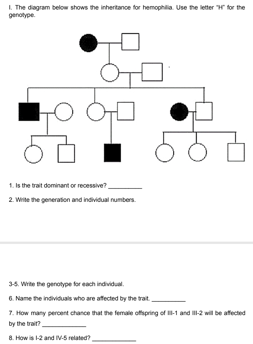 The diagram below shows the inheritance for hemophilia. Use the letter “H” for the 
genotype. 
1. Is the trait dominant or recessive?_ 
2. Write the generation and individual numbers. 
3-5. Write the genotype for each individual. 
6. Name the individuals who are affected by the trait._ 
7. How many percent chance that the female offspring of III-1 and III-2 will be affected 
by the trait?_ 
8. How is I -2 and IV-5 related?_