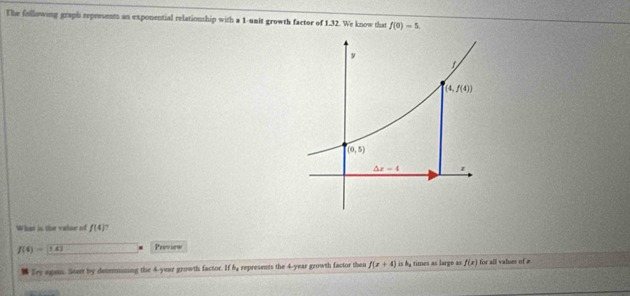 The following graph represents an exponential relationship with a 1-unit growth factor of 1.32. We know that f(0)=5.
What is the valse of f(4)
f(4)=
Preview
Try agann. Starr by devermining the 4-year growth factor. If b_4 represents the 4-year growth factor then f(x+4) isb times as large as f(x) for all values of £