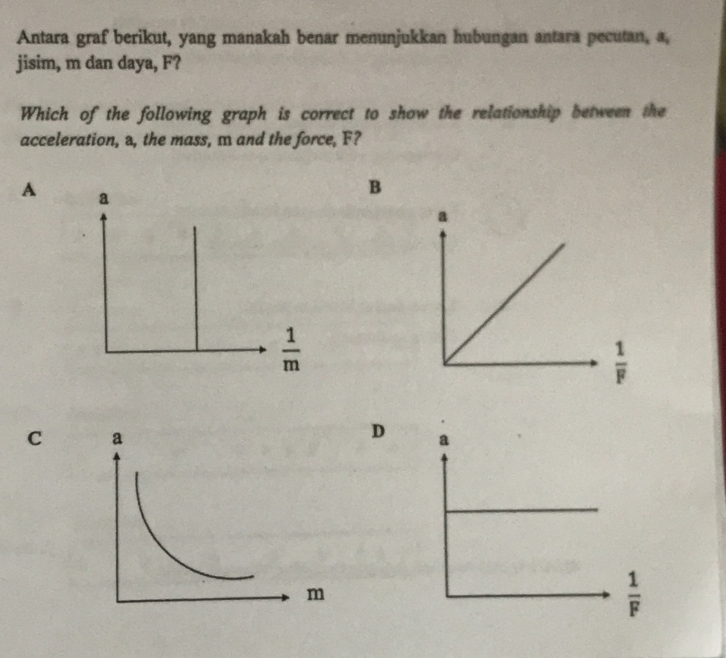 Antara graf berikut, yang manakah benar menunjukkan hubungan antara pecutan, a
jisim, m dan daya, F?
Which of the following graph is correct to show the relationship between the
acceleration, a, the mass, m and the force, F?
A a
B
 1/m 
 1/F 
C
D
 1/F 