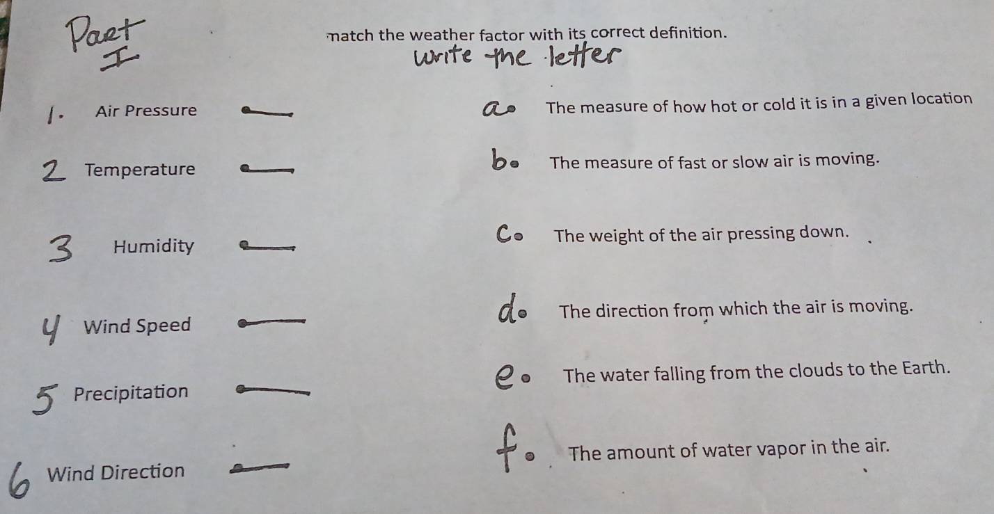 match the weather factor with its correct definition.
Air Pressure The measure of how hot or cold it is in a given location
Temperature The measure of fast or slow air is moving.
Humidity The weight of the air pressing down.
The direction from which the air is moving.
Wind Speed
Precipitation The water falling from the clouds to the Earth.
The amount of water vapor in the air.
Wind Direction