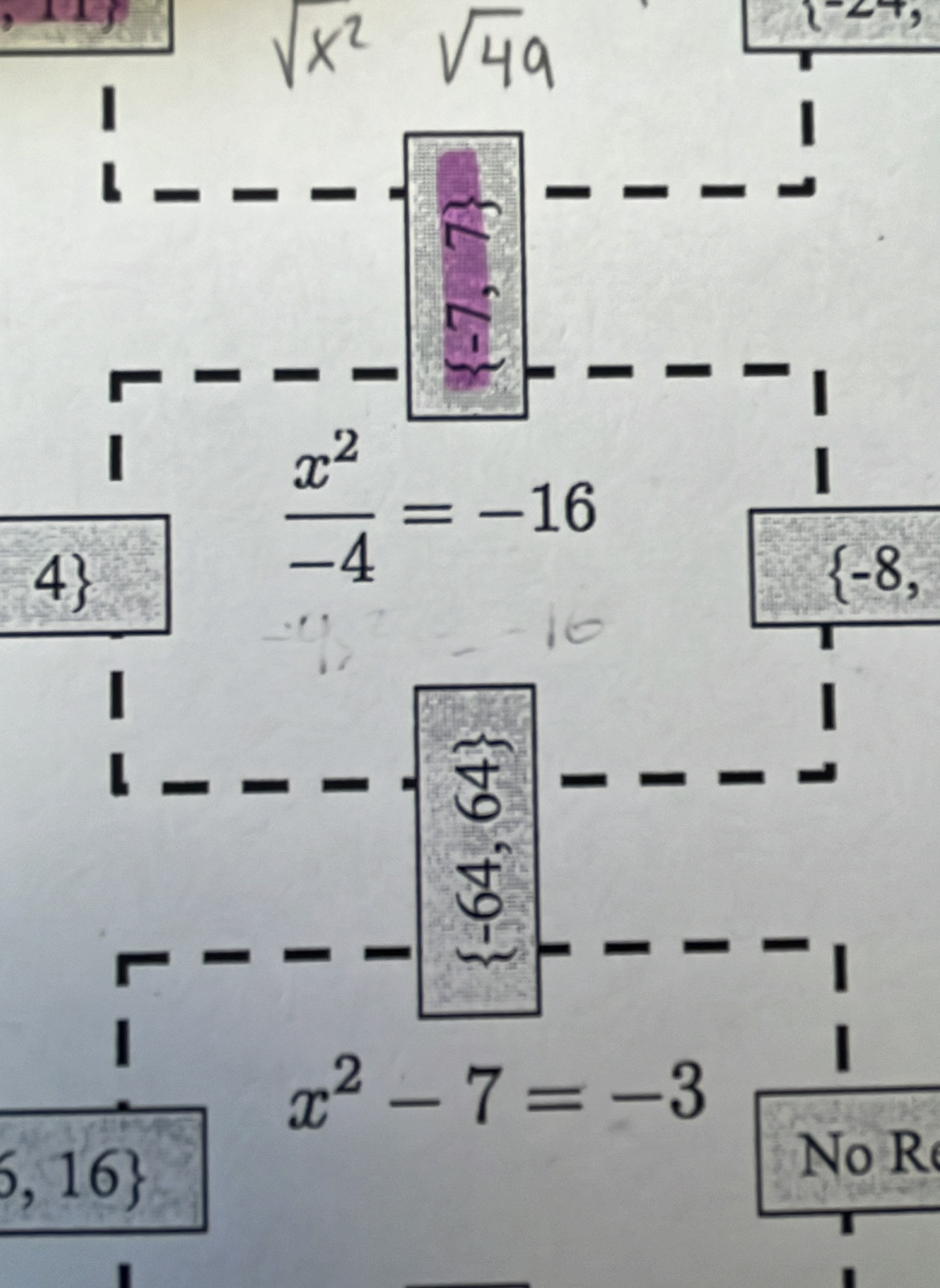 4
 x^2/-4 =-16
 -8,
x^2-7=-3
6,16
No R