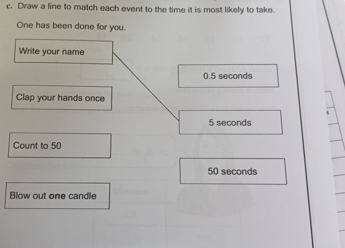 Draw a line to match each event to the time it is most likely to take.
One has been done for you.
Write your name
0.5 seconds
Clap your hands once
s
5 seconds
Count to 50
50 seconds
Blow out one candle