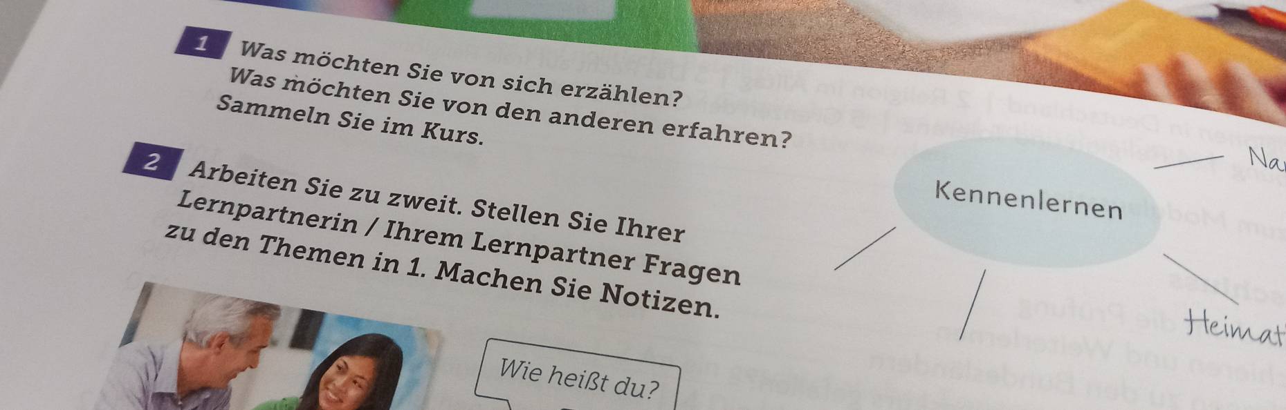 Was möchten Sie von sich erzählen? 
Was möchten Sie von den anderen erfahren? 
Sammeln Sie im Kurs. 
_ 
Va 
2 Arbeiten Sie zu zweit. Stellen Sie Ihrer 
Kennenlernen 
Lernpartnerin / Ihrem Lernpartner Fragen 
zu den Themen in 1. Machen Sie Notizen. 
Wie heißt du?