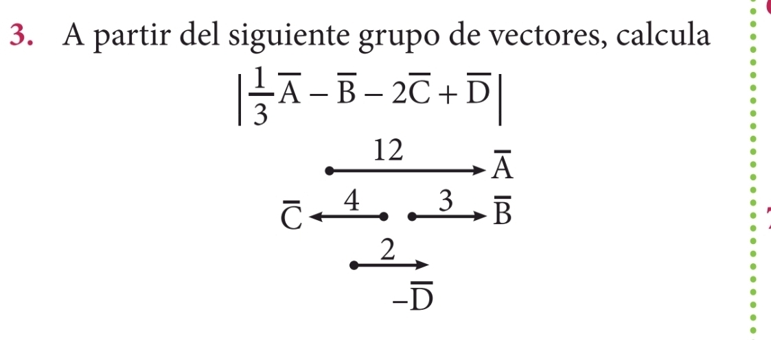 A partir del siguiente grupo de vectores, calcula
| 1/3 overline A-overline B-2overline C+overline D|
12
overline A
C 4
3 overline B
2
-overline D