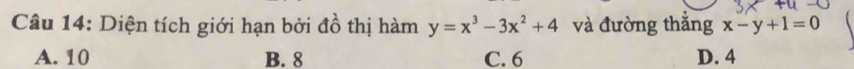 Diện tích giới hạn bởi đồ thị hàm y=x^3-3x^2+4 và đường thắng x-y+1=0
A. 10 B. 8 C. 6 D. 4