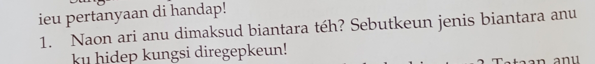 ieu pertanyaan di handap! 
1. Naon ari anu dimaksud biantara téh? Sebutkeun jenis biantara anu 
ku hidep kungsi diregepkeun!