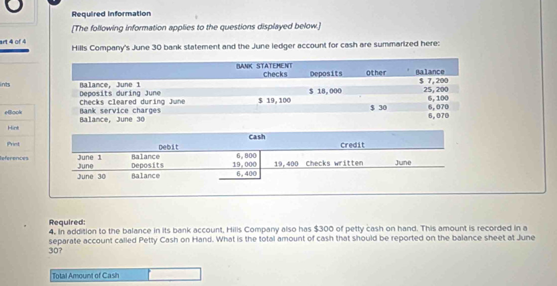 Required information 
[The following information applies to the questions displayed below.] 
art 4 of 4 
Hills Company's June 30 bank statement and the June ledger account for cash are summarized here: 
ints 
eBook 
Hint 
Cash 
Print Debit Credit 
References June 1 Balance 6, 800
June Deposits 19, 000 19, 400 Checks written June 
June 30 Balance 6, 400
Required: 
4. In addition to the balance in its bank account, Hills Company also has $300 of petty cash on hand. This amount is recorded in a 
separate account called Petty Cash on Hand. What is the total amount of cash that should be reported on the balance sheet at June
30? 
Total Amount of Cash