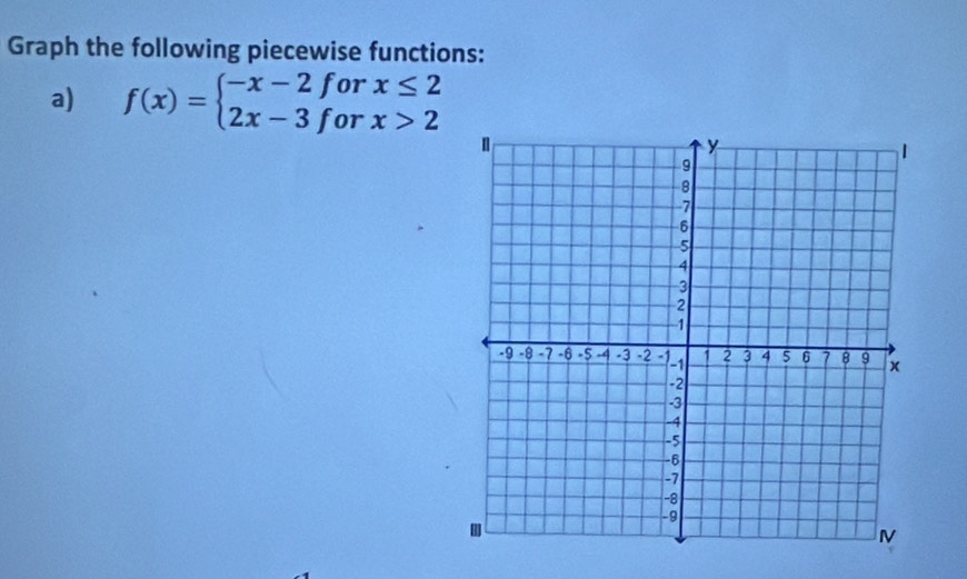 Graph the following piecewise functions: 
a) f(x)=beginarrayl -x-2forx≤ 2 2x-3forx>2endarray.