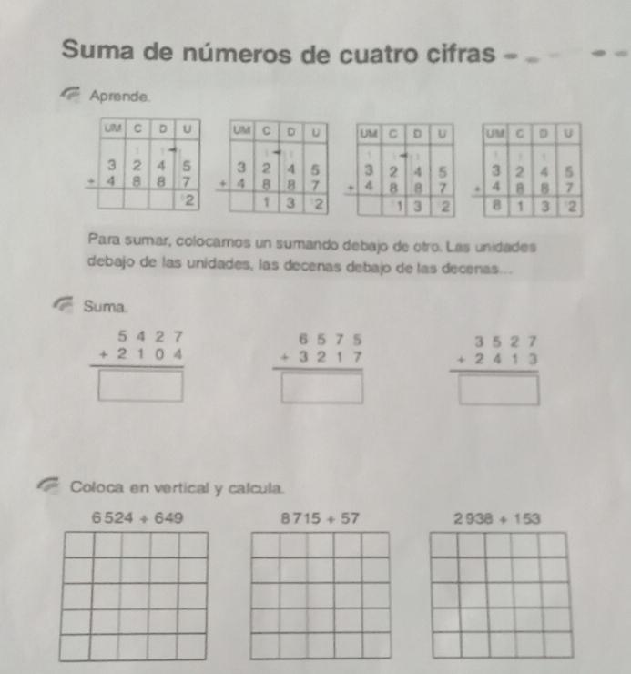 Suma de números de cuatro cifras -
Aprende.
   
Para sumar, colocamos un sumando debajo de otro. Las unidades
debajo de las unidades, las decenas debajo de las decenas...
Suma
beginarrayr 5427 +2104 hline □ endarray beginarrayr 6575 +3217 hline □ endarray beginarrayr 3527 +2413 hline □ endarray
Coloca en vertical y calcula.
6524+649
8715+57 2938+153