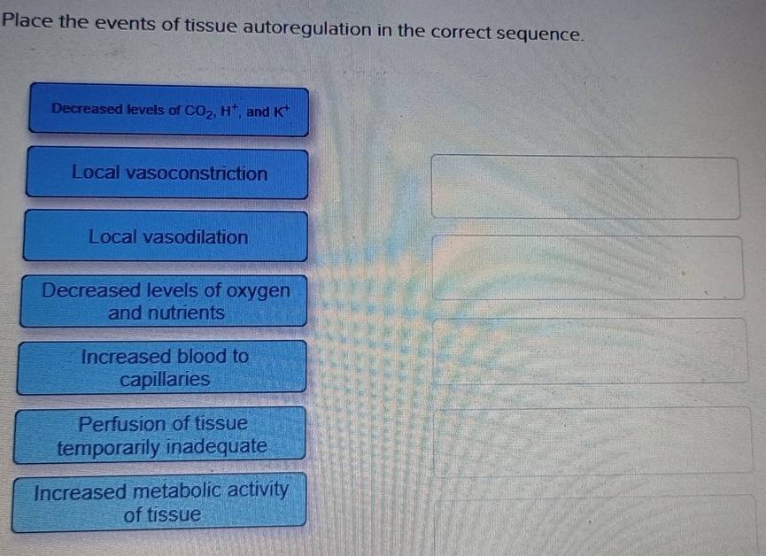 Place the events of tissue autoregulation in the correct sequence.
Decreased levels of CO_2, H^+ , and K^+
Local vasoconstriction
Local vasodilation
Decreased levels of oxygen
and nutrients
Increased blood to
capillaries
Perfusion of tissue
temporarily inadequate
Increased metabolic activity
of tissue