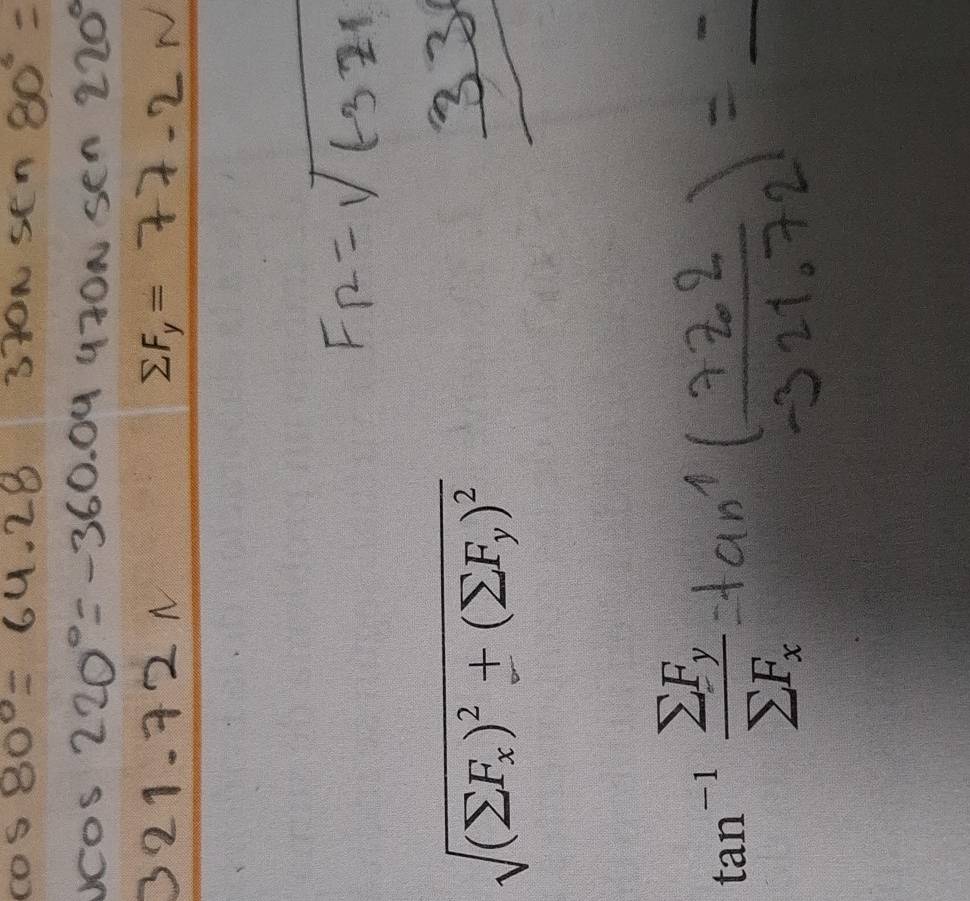 ΣF =
sqrt((sumlimits F_x))^2+(sumlimits F_y)^2
tan^(-1)frac sumlimits F_ysumlimits F_x