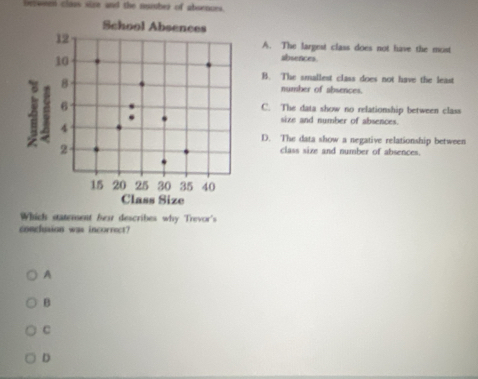 bntween class sice and the mmber of absences.
School Absences
12 A. The largest class does not have the most
10
absences.
4 8
B. The smallest class does not have the least
number of absences.
6 C. The data show no relationship between class
size and number of absences.
4
D. The data show a negative relationship between
2
class size and number of absences.
15 20 25 30 35 40
Class Size
Which statensent hest describes why Trevor's
conclusion was incorrect?
A
B
c
D