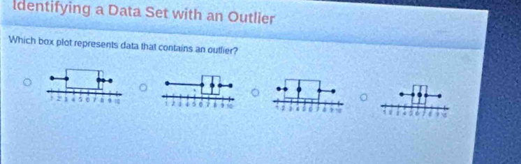 ldentifying a Data Set with an Outlier 
Which box plot represents data that contains an outlier?