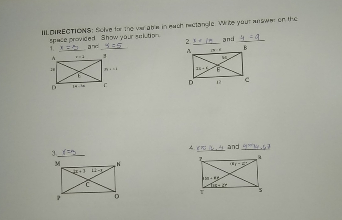 III.DIRECTIONS: Solve for the variable in each rectangle. Write your answer on the
space provided. Show your solution.and_
2. :
1. _and_ 
 
4. _and_
3._