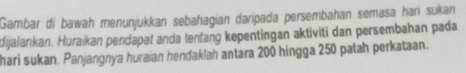 Gambar di bawah menunjukkan sebahagian daripada persembahan semasa hari sukan 
dijalankan. Huraikan pendapat anda tentang kepentingan aktiviti dan persembahan pada 
hari sukan. Panjangnya huraian hendaklah antara 200 hingga 250 patah perkataan.