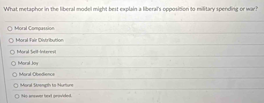 What metaphor in the liberal model might best explain a liberal's opposition to military spending or war?
Moral Compassion
Moral Fair Distribution
Moral Self-Interest
Moral Joy
Moral Obedience
Moral Strength to Nurture
No answer text provided.