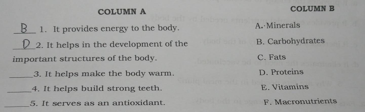 COLUMN A COLUMN B
_1. It provides energy to the body. A. Minerals
_2. It helps in the development of the B. Carbohydrates
important structures of the body. C. Fats
_3. It helps make the body warm. D. Proteins
_4. It helps build strong teeth. E. Vitamins
_5. It serves as an antioxidant. F. Macronutrients