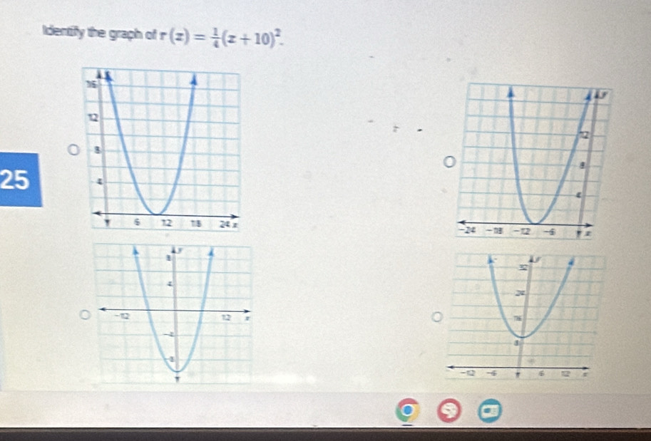 Identify the graph of r(z)= 1/4 (z+10)^2. 
25