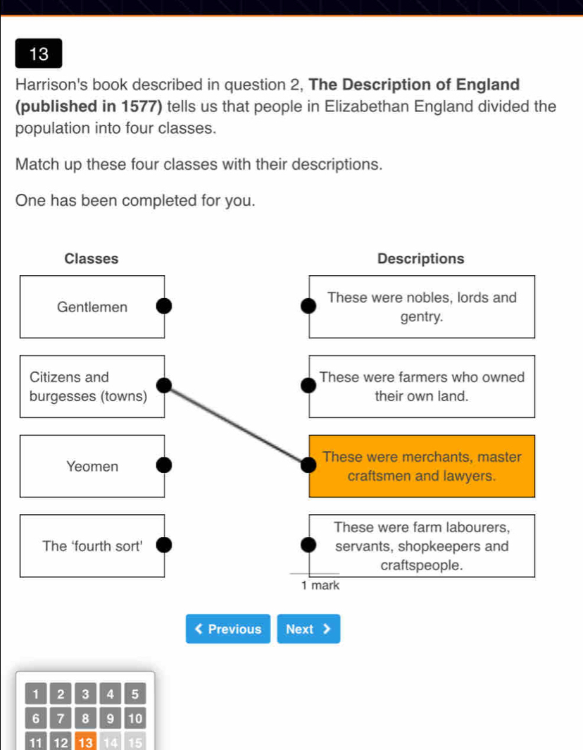 Harrison's book described in question 2, The Description of England 
(published in 1577) tells us that people in Elizabethan England divided the 
population into four classes. 
Match up these four classes with their descriptions. 
One has been completed for you. 
Classes Descriptions 
These were nobles, lords and 
Gentlemen 
gentry. 
Citizens and These were farmers who owned 
burgesses (towns) their own land. 
These were merchants, master 
Yeomen 
craftsmen and lawyers. 
These were farm labourers, 
The ‘fourth sort' servants, shopkeepers and 
craftspeople. 
1 mark 
《 Previous Next
1 2 3 4 5
6 7 8 9 10
11 12 13 14 15