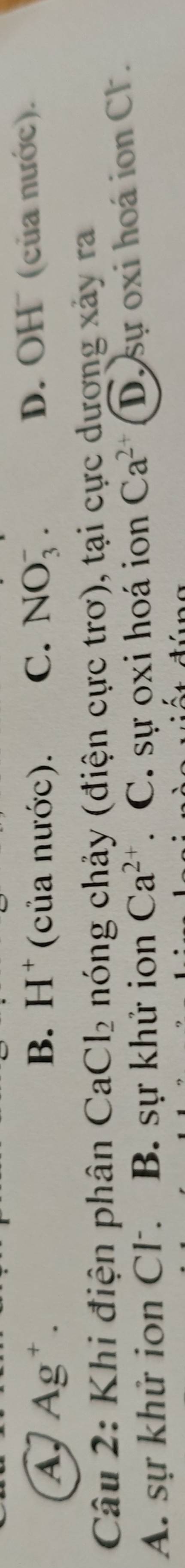 A Ag^+. (của nước). C. NO_3^(-. D. OH (của nước).
B. H^+)
Câu 2: Khi điện phân CaCl_2 nóng chảy (điện cực trơ), tại cực dương xảy ra
A. sự khử ion Cl . B. sự khử ion Ca^(2+). C. sự oxi hoá ion Ca^(2+) D. sự oxi hoá ion Cl.
dún a