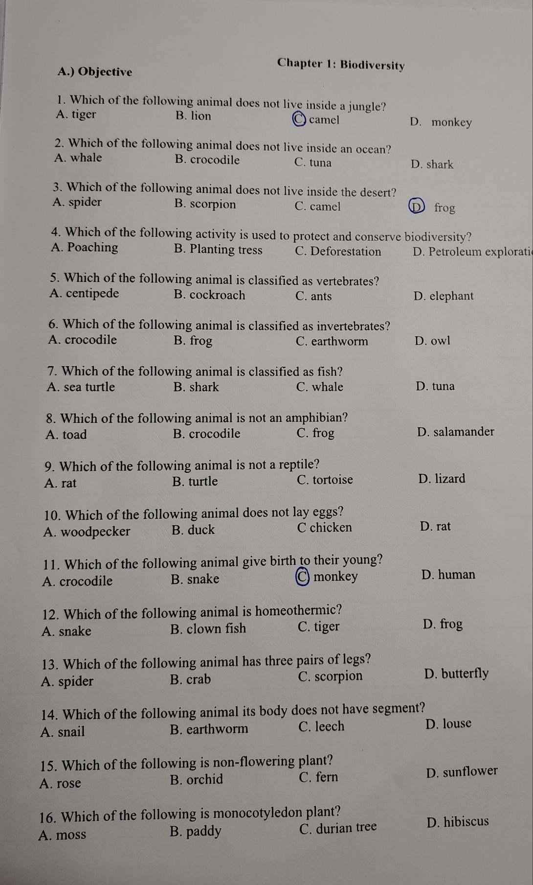 A.) Objective
Chapter 1: Biodiversity
1. Which of the following animal does not live inside a jungle?
A. tiger B. lion D. monkey
) camel
2. Which of the following animal does not live inside an ocean?
A. whale B. crocodile C. tuna D. shark
3. Which of the following animal does not live inside the desert?
A. spider B. scorpion C. camel D frog
4. Which of the following activity is used to protect and conserve biodiversity?
A. Poaching B. Planting tress C. Deforestation D. Petroleum explorati
5. Which of the following animal is classified as vertebrates?
A. centipede B. cockroach C. ants D. elephant
6. Which of the following animal is classified as invertebrates?
A. crocodile B. frog C. earthworm D. owl
7. Which of the following animal is classified as fish?
A. sea turtle B. shark C. whale D. tuna
8. Which of the following animal is not an amphibian?
A. toad B. crocodile C. frog D. salamander
9. Which of the following animal is not a reptile?
A. rat B. turtle C. tortoise D. lizard
10. Which of the following animal does not lay eggs?
A. woodpecker B. duck C chicken D. rat
11. Which of the following animal give birth to their young?
A. crocodile B. snake monkey
D. human
12. Which of the following animal is homeothermic?
A. snake B. clown fish C. tiger D. frog
13. Which of the following animal has three pairs of legs?
A. spider B. crab C. scorpion D. butterfly
14. Which of the following animal its body does not have segment?
A. snail B. earthworm C. leech D. louse
15. Which of the following is non-flowering plant?
A. rose B. orchid C. fern D. sunflower
16. Which of the following is monocotyledon plant?
A. moss B. paddy C. durian tree D. hibiscus