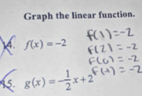 Graph the linear function.
f(x)=-2
15. g(x)=- 1/2 x+2