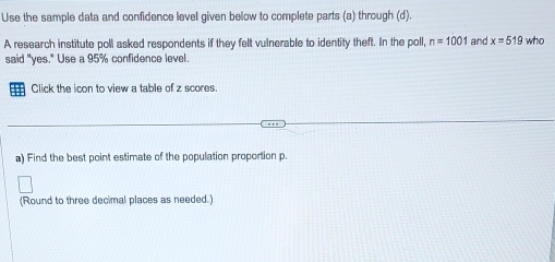 Use the sample data and confidence level given below to complete parts (a) through (d). 
A research institute poll asked respondents if they felt vulnerable to identity theft. In the poll, n=1001 and x=519 who 
said "yes." Use a 95% confidence level. 
Click the icon to view a table of z scores. 
a) Find the best point estimate of the population proportion p. 
(Round to three decimal places as needed.)