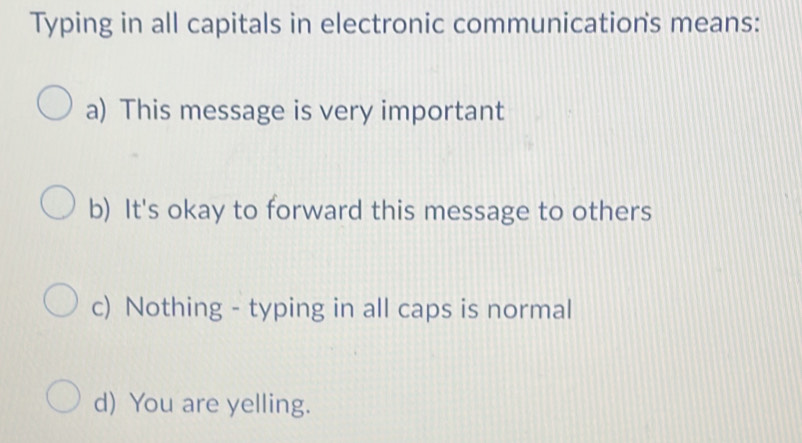 Solved: Typing in all capitals in electronic communications means: a ...