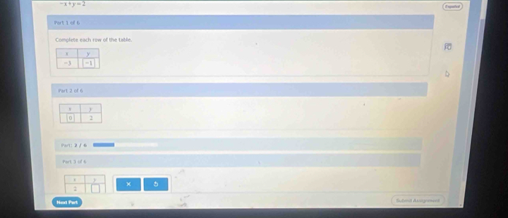 -x+y=2
Part 1 of 6 
Complete each row of the table. 
Part 2 of 6 
Part: 2 / 6 
Part 3 of 6
X
× 5
2
Next Part Submit Assigement