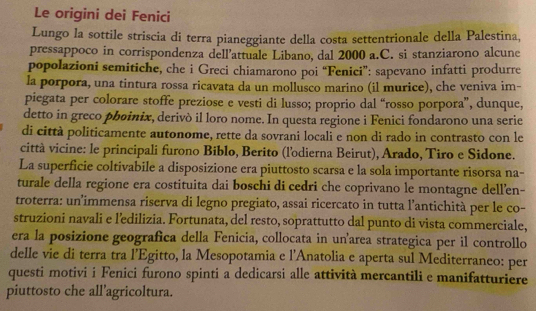 Le origini dei Fenici 
Lungo la sottile striscia di terra pianeggiante della costa settentrionale della Palestina, 
pressappoco in corrispondenza dell’attuale Libano, dal 2000 a.C. si stanziarono alcune 
popolazioni semitiche, che i Greci chiamarono poi “Fenici”: sapevano infatti produrre 
la porpora, una tintura rossa ricavata da un mollusco marino (il murice), che veniva im- 
piegata per colorare stoffe preziose e vesti di lusso; proprio dal “rosso porpora”, dunque, 
detto in greco phoinix, derivò il loro nome. In questa regione i Fenici fondarono una serie 
di città politicamente autonome, rette da sovrani locali e non di rado in contrasto con le 
città vicine: le principali furono Biblo, Berito (l'odierna Beirut), Arado, Tiro e Sidone. 
La superficie coltivabile a disposizione era piuttosto scarsa e la sola importante risorsa na- 
turale della regione era costituita dai boschi di cedri che coprivano le montagne dell'en- 
troterra: un’immensa riserva di legno pregiato, assai ricercato in tutta l’antichità per le co- 
struzioni navali e l’edilizia. Fortunata, del resto, soprattutto dal punto di vista commerciale, 
era la posizione geografica della Fenicia, collocata in unarea strategica per il controllo 
delle vie di terra tra l’Egitto, la Mesopotamia e l'Anatolia e aperta sul Mediterraneo: per 
questi motivi i Fenici furono spinti a dedicarsi alle attività mercantili e manifatturiere 
piuttosto che all'agricoltura.