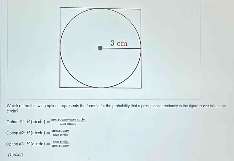 Which of the following options represents the formula for the probability that a point placed randomly in the figure is not inside the
circle?
Option # 1: P(circle)= (areasquare-areacircle)/areasquare 
Option # 2 P(circle)= areasquare/areacircle 
Option 13 P(circle)= areacircle/areasquare 
(1 point)