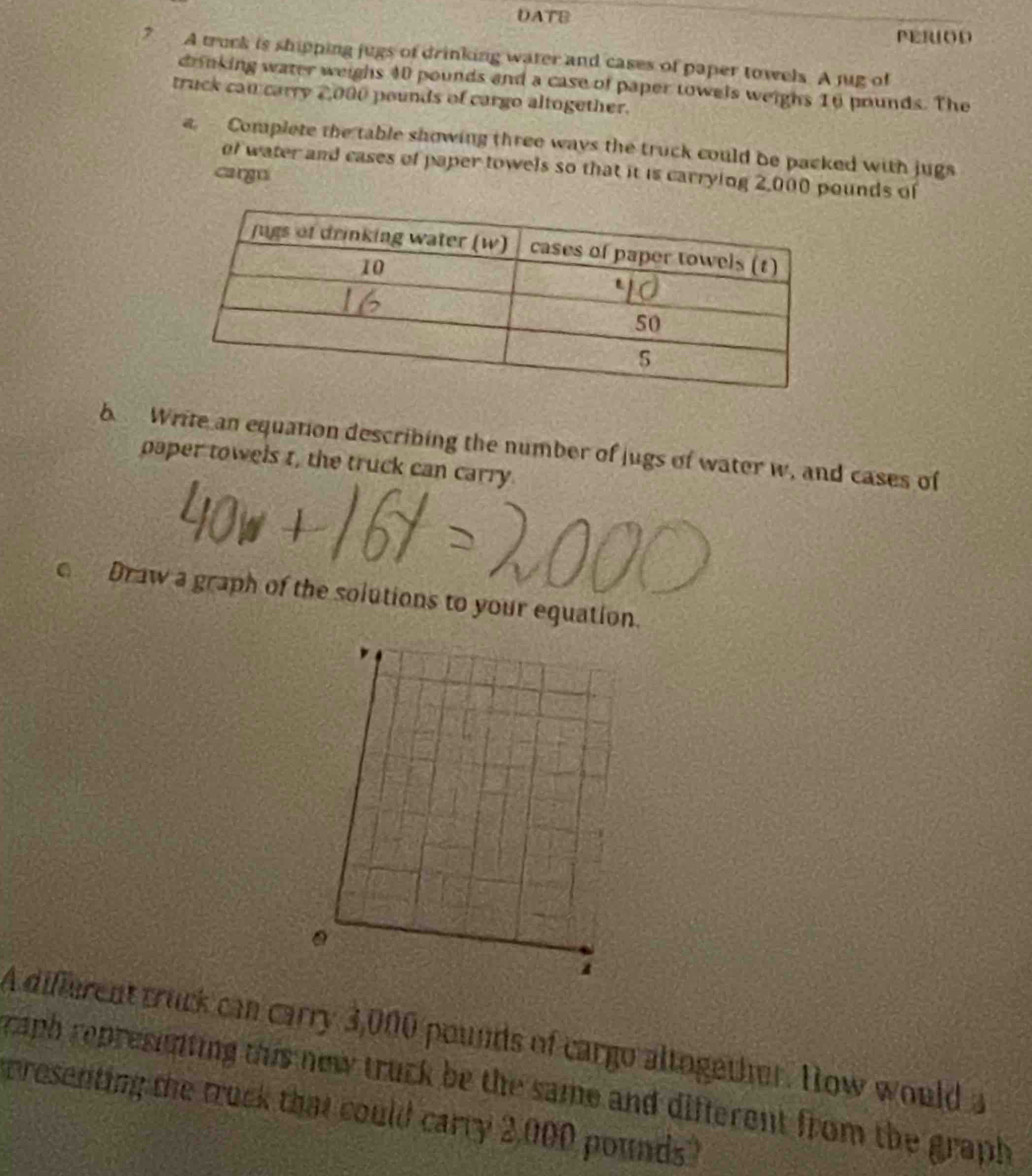 DATB 
PERIOD 
7 A truck is shipping jugs of drinking water and cases of paper towels. A jug of 
drinking water weighs 40 pounds and a case of paper towels weighs 10 pounds. The 
truck can carry 2,000 pounds of cargo altogether. 
a. Complete the table showing three ways the truck could be packed with jugs 
of water and cases of paper towels so that it is carrying 2,000 pounds of 
cargn 
Write an equation describing the number of jugs of water w, and cases of 
paper towels t, the truck can carry. 
Draw a graph of the solutions to your equation. 
A different truck can carry 3,000 pounds of cargo altogether. How would a 
raph represinting this new truck be the same and different from the graph 
presenting the truck that could carry 2,000 pounds?