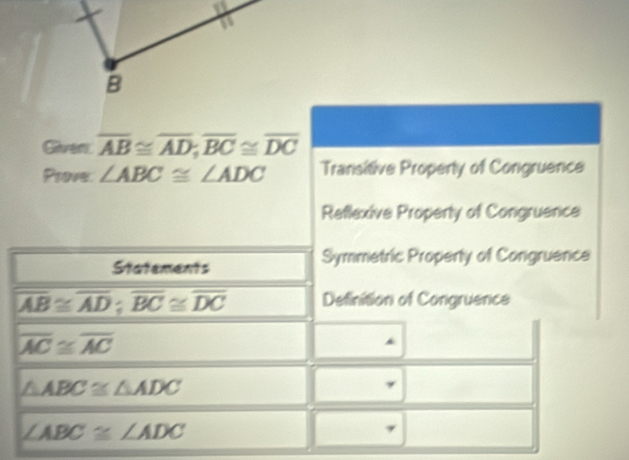 Gilven overline AB≌ overline AD; overline BC≌ overline DC
Prove. ∠ ABC≌ ∠ ADC Transitive Property of Congruence
Reflexive Property of Congruence
Statements Symmetric Property of Congruence
overline AB≌ overline AD; overline BC≌ overline DC Definition of Congruence
overline AC≌ overline AC
△ ABC≌ △ ADC
∠ ABC≌ ∠ ADC
7