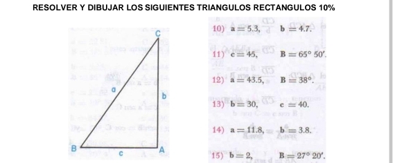 RESOLVER Y DIBUJAR LOS SIGUIENTES TRIANGULOS RECTANGULOS 10%
10) a=5.3, b=4.7. 
11) c=45, B=65°50'. 
12) a=43.5, B=38°. 
13) b=30. c=40. 
14) a=11.8, =-b=3.8. 
15) b=2, B=27°20'.