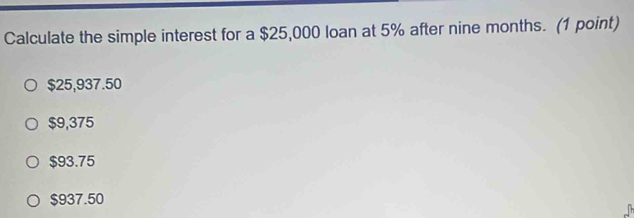 Calculate the simple interest for a $25,000 loan at 5% after nine months. (1 point)
$25,937.50
$9,375
$93.75
$937.50