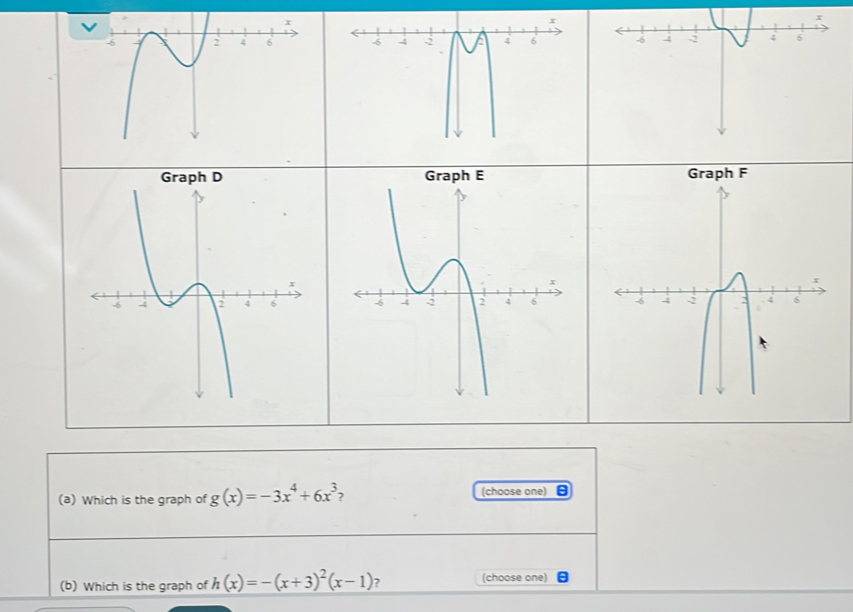 Graph F

(a) Which is the graph of g(x)=-3x^4+6x^3 (choose one) 
(b) Which is the graph of h(x)=-(x+3)^2(x-1) ? (choose one)