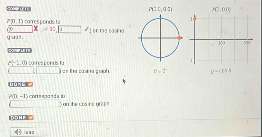 COMPLETE
P(0,1) corresponds to
θ □ XRightarrow 90,□ vee ) ) on the cosine
graph.
COMPLETE
P(-1,0) corresponds to
□ ,□ ) ) on the cosine graph. θ =0°
DONE
P(0,-1) corresponds to
(□ , □ ) ) on the cosine graph.
DONE
Intro