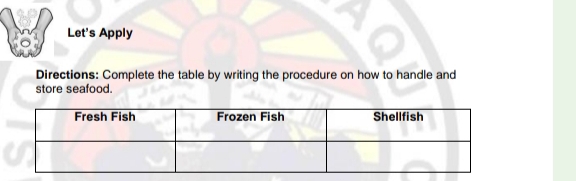 toy Let's Apply 
Directions: Complete the table by writing the procedure on how to handle and 
store seafood.