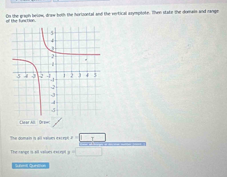 On the graph below, draw both the horizontal and the vertical asymptote. Then state the domain and range 
of the function. 
Clear All Draw; 
The domain is all values except x=□
Enter «Aptiteger or decimal number 
The range is all values except y=□
Submit Question