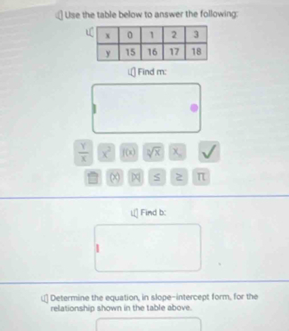 Use the table below to answer the following: 
Find m :
 Y/X  x^2 f(x) sqrt[3](x) x,, V
x S 2 π
Find b : 
Determine the equation, in slope-intercept form, for the 
relationship shown in the table above.