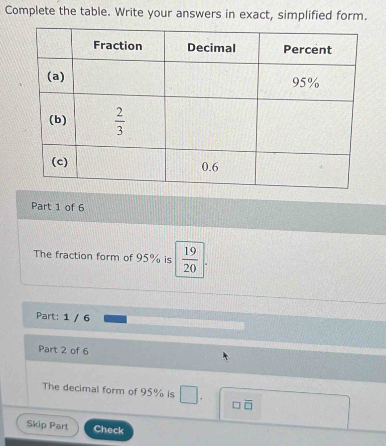 Complete the table. Write your answers in exact, simplified form.
Part 1 of 6
The fraction form of 95% is  19/20 |.
Part: 1 / 6
Part 2 of 6
The decimal form of 95% is □.
□ overline □ 
Skip Part Check