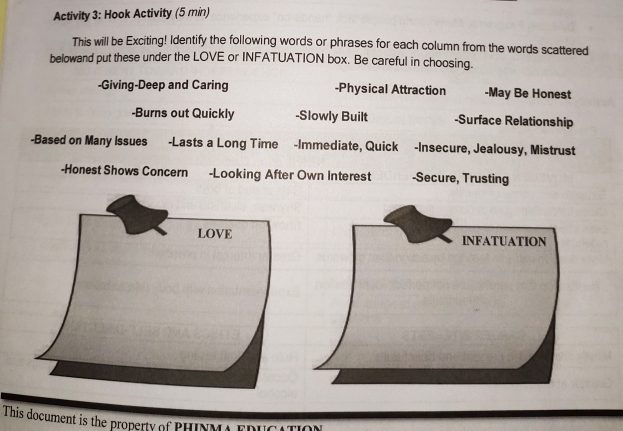 Activity 3: Hook Activity (5 min) 
This will be Exciting! Identify the following words or phrases for each column from the words scattered 
belowand put these under the LOVE or INFATUATION box. Be careful in choosing. 
-Giving-Deep and Caring -Physical Attraction -May Be Honest 
-Burns out Quickly -Slowly Built -Surface Relationship 
-Based on Many Issues -Lasts a Long Time -Immediate, Quick -Insecure, Jealousy, Mistrust 
-Honest Shows Concern -Looking After Own Interest -Secure, Trusting 
This document is the property of PHI