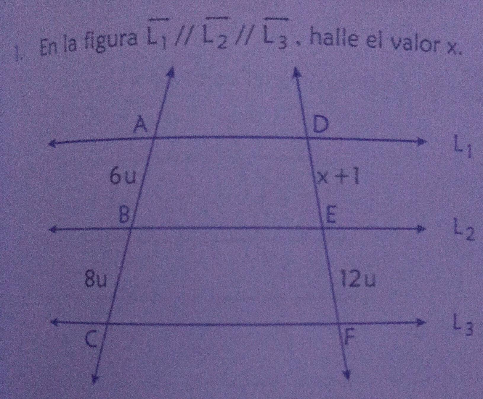 overline L_1//overline L_2//overline L_3 , halle el valor x.
L_2