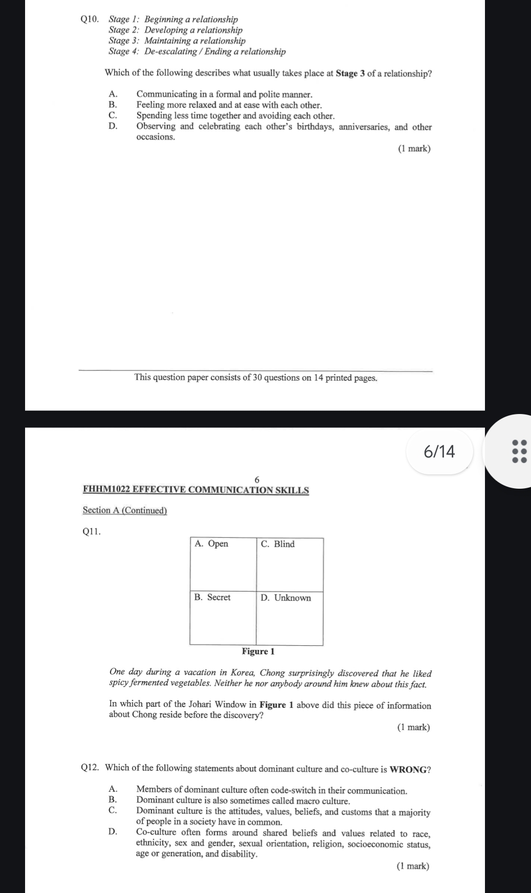 Stage 1: Beginning a relationship
Stage 2: Developing a relationship
Stage 3: Maintaining a relationship
Stage 4: De-escalating / Ending a relationship
Which of the following describes what usually takes place at Stage 3 of a relationship?
A. Communicating in a formal and polite manner.
B. Feeling more relaxed and at ease with each other.
C. Spending less time together and avoiding each other.
D. Observing and celebrating each other’s birthdays, anniversaries, and other
occasions.
(1 mark)
This question paper consists of 30 questions on 14 printed pages.
6/14
6
FHHM1022 EFFECTIVE COMMUNICATION SKILLS
Section A (Continued)
Q11.
One day during a vacation in Korea, Chong surprisingly discovered that he liked
spicy fermented vegetables. Neither he nor anybody around him knew about this fact.
In which part of the Johari Window in Figure 1 above did this piece of information
about Chong reside before the discovery?
(1 mark)
Q12. Which of the following statements about dominant culture and co-culture is WRONG?
A. Members of dominant culture often code-switch in their communication.
B. Dominant culture is also sometimes called macro culture.
C. Dominant culture is the attitudes, values, beliefs, and customs that a majority
of people in a society have in common.
D. Co-culture often forms around shared beliefs and values related to race,
ethnicity, sex and gender, sexual orientation, religion, socioeconomic status,
age or generation, and disability.
(1 mark)