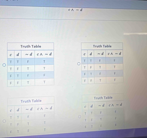 cwedge sim d

Truth Table 
c d ~ d cwedge sim d
T T F F 
T F T T 
F T F T