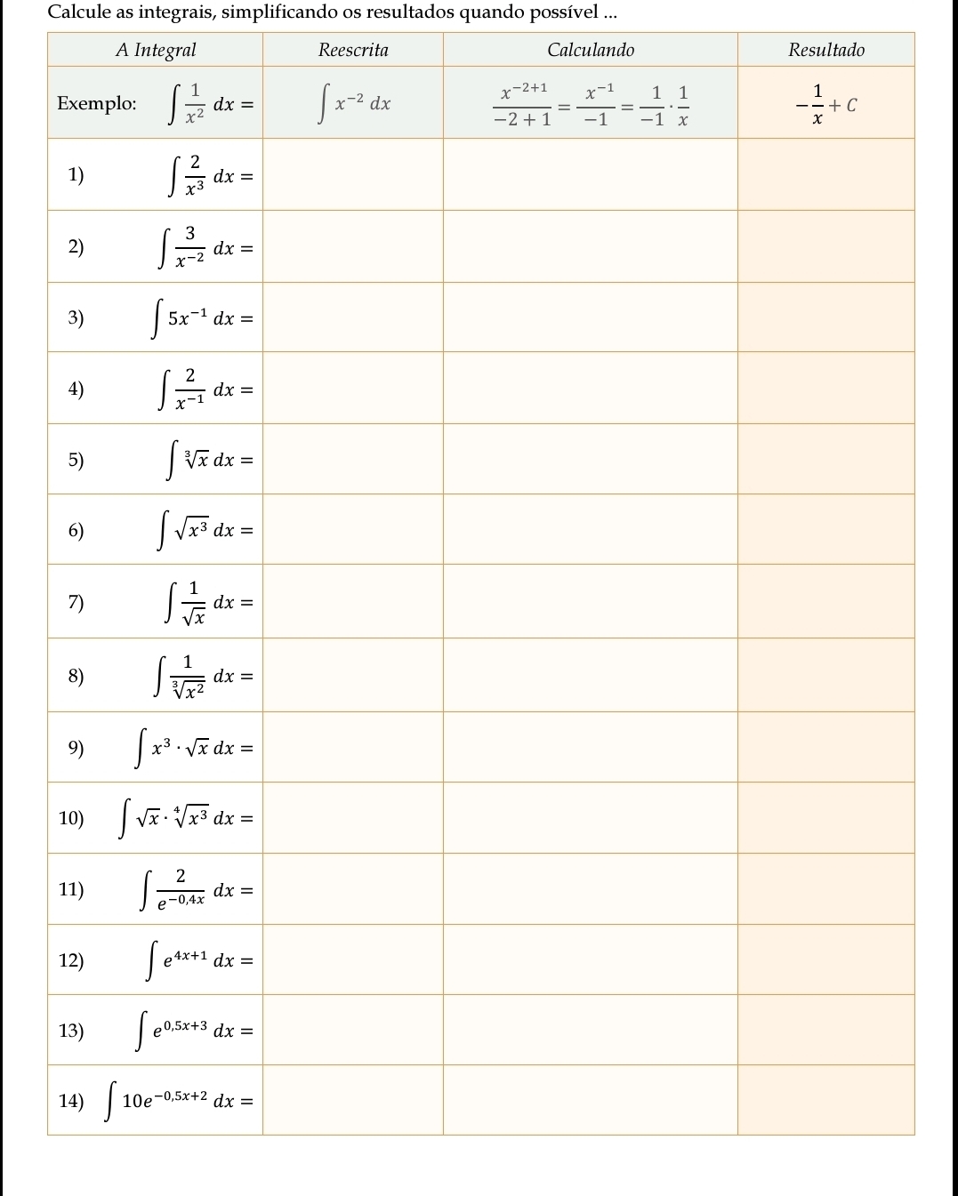 Calcule as integrais, simplificando os resultados quando possível ...
A Integral Reescrita Calculando Resultado
E