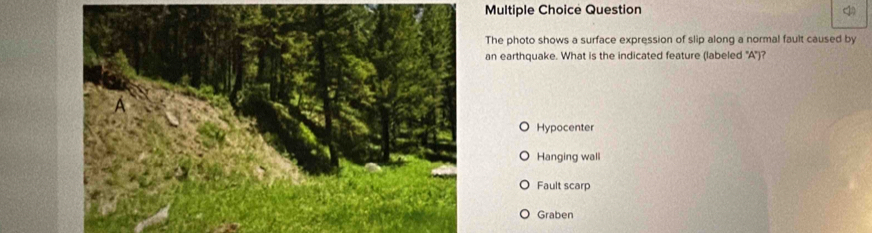 Question
The photo shows a surface expression of slip along a normal fault caused by
an earthquake. What is the indicated feature (labeled ''A'')?
Hypocenter
Hanging wall
Fault scarp
Graben