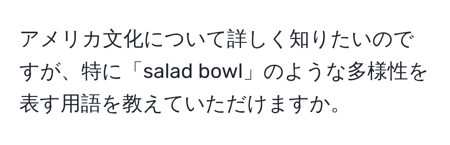 アメリカ文化について詳しく知りたいのですが、特に「salad bowl」のような多様性を表す用語を教えていただけますか。